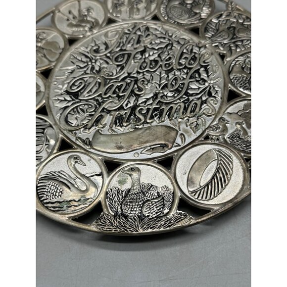 The Twelve Days of Christmas Silver Plated Trivet 8" embossed plastic feet cover - Picture 7 of 10